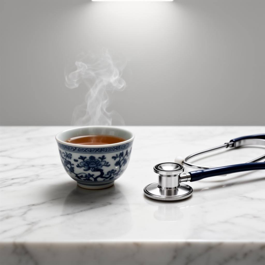 A Chinese tea cup beside a stethoscope on white marble