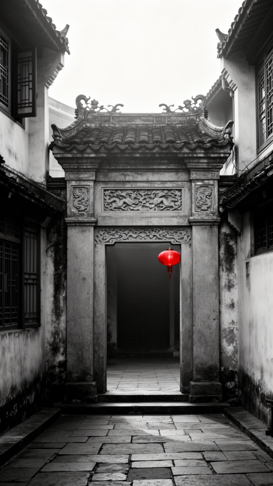 A traditional Shanghai shikumen gateway with a single red lantern